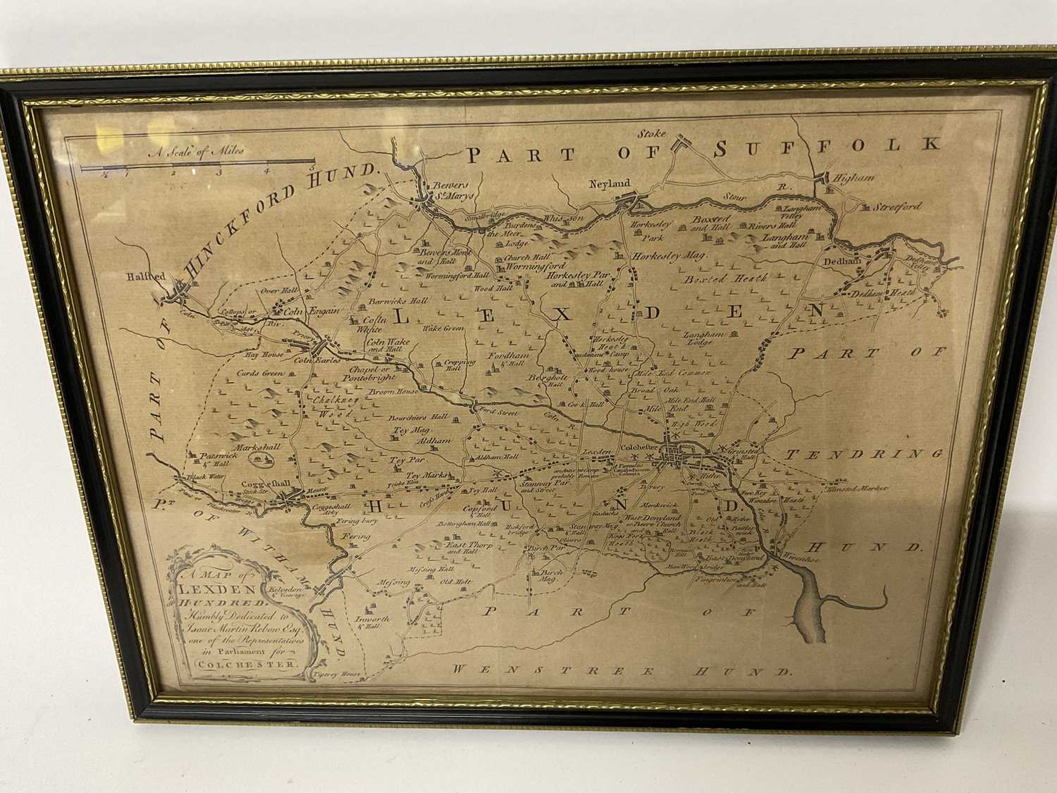 Lot 291 - 18th century map of Lexden Hundred, 28 x 31cm, glazed frame