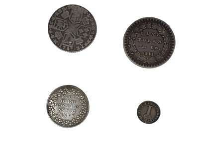 Lot 452 - G.B. -Mixed George III silver coins to include Shilling 1787 VF, Penny 1781 GVF-AEF, Bank of England Token One Shilling & Six Pence 1811 AVF and Ireland Bank of England Token Ten Pence 1813F (4 coi...