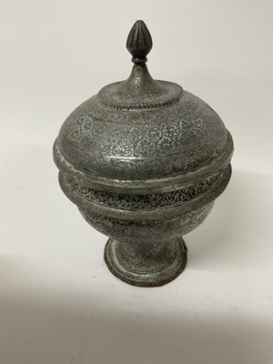 Lot 301 - Antique Islamic metalware lidded vessel, 26cm high