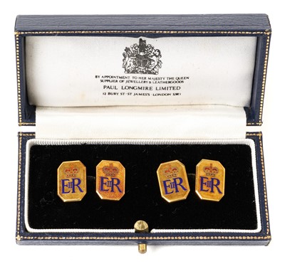 Lot 66 - H.M.Queen Elizabeth II, pair fine Royal presentation gold (9ct) and enamel cufflinks each octagonal with crowned ERII ciphers joined by chains ( Birmingham 1984) in original Paul Longmire Ltd fitte...