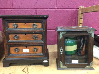 Lot 740 - Tobacco flask and pipes in display case, miniature chest of drawers, Gladstone bag, leather horse gauntlets and sprung box