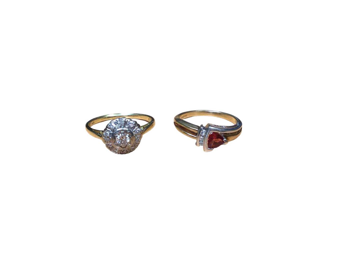 Lot 88 - 18ct gold diamond cluster ring and a 9ct gold red stone and diamond ring (2)