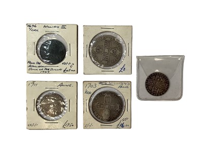 Lot 465 - G.B - Mixed silver coinage to include William III Shilling 1696Y dark toned F (N.B. From The Wreck of The Association), Anne Half Crowns 1703 VIGO G-VG, 1707E Fair, Shilling 1711 GF and George III...