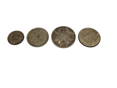 Lot 466 - G.B. - Mixed silver coinage to include George III Half Crown VF, Victoria YH Half Crown 1886 GVF-AEF, Shilling 1839 GVF and JH Double Florin 1890 AVF (4 coins)