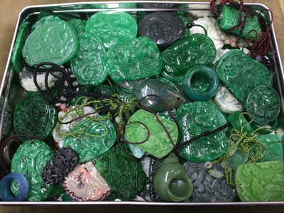 Lot 482 - Collection of contemporary carved green hard stone pendants, plaques, rings etc