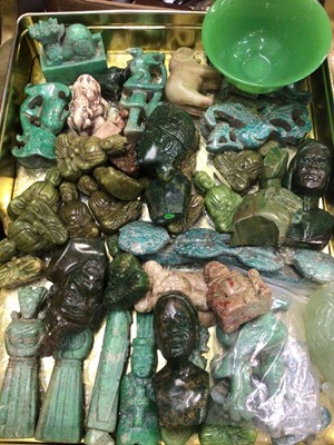 Lot 485 - Collection of carved green hard stone and soap stone figures and animals etc