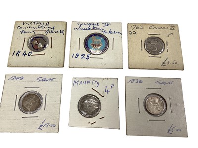 Lot 469 - G.B. - Mixed silver coins to include George III Penny 1792 AVF, Three Pence 1762 VF, Edward VII Maundy Three Pence 1907 EF, Four Pence 1907 EF, Groats William IV 1836 AVF, 1837 AEF, Victoria 1849 E...