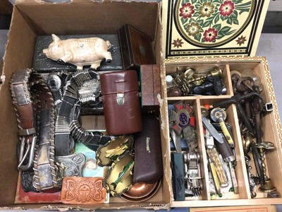 Lot 487 - Various items including belts and buckles, metal wares, cut throat razors, penknives, boxes, piggy bank etc