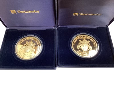 Lot 488 - Turks & Caicos Islands - Silver clad in 24ct gold 100 crowns coins x 2 'The Golden Wedding' 1997 (N.B. Wt. 5oz's each .999/1000 silver and in cases of issue with Certificates of Authenticity) (2 co...