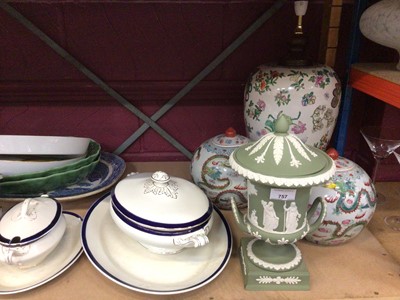 Lot 757 - Oriental style table lamp and two urns with lids, Victorian tureen and two others, plus Wedgwood classical vase and Eavesham oval serving dishes