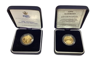 Lot 491 - Alderney - Gold proof £25 coins commemorating 'The 50th Anniversary of The Liberation of The Channel Islands' 1994 and Elizabeth & Prince Philip 'Golden Wedding Anniversary' 1997 (N.B. Both coins s...