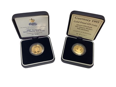 Lot 492 - Guernsey - Gold proof £25 coins commemorating 'Queen Elizabeth The Queen Mother' 1995 and Elizabeth & Prince Philip ' Golden Wedding Anniversary' 1997 (N.B. Both coins struck in 24ct gold, wt. 7.81...