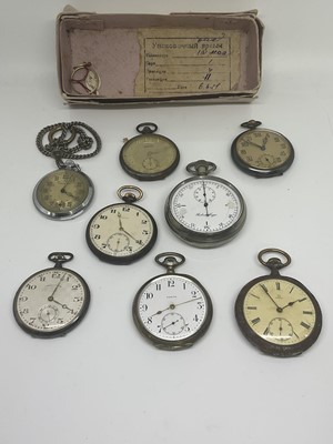 Lot 1086 - Group of seven vintage pocket watches to include an Omega pocket watch in steel case, two Zenith watches, and also a pocket stop watch (8)