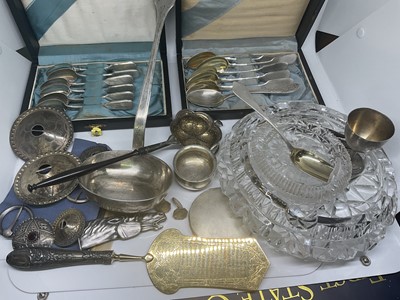 Lot 1088 - Group of continental silver and white metal wares to include a soup ladle, six teaspoons in case, powder compact, brooches, and other items to include two heavy cut glass ashtrays