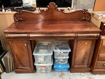 Lot 1434 - Victorian mahogany twin pedestal sideboard with raised shaped back, three frieze drawers and two panelled doors below, 152cm wide, 52cm deep, 129cm high