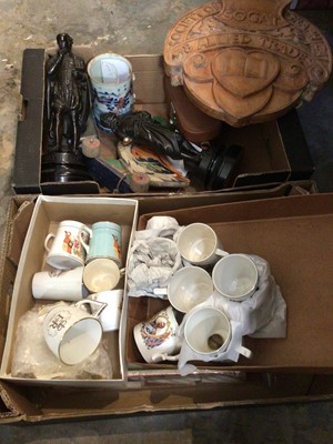 Lot 207 - Two boxes of sundry items, including bronzed figures of Shakespeare and Milton, a Chinese Imari tankard (a/f), Royal commemorative china, a carved wooden crest, etc