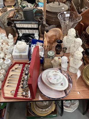 Lot 552 - Three plaster busts of composers, together with a G.P.O. Leather Gladstone bag, cut glass vase and other items.