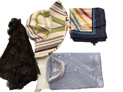 Lot 2156 - Selection of shawls including Kinnauri shawl Tribal Weavers, Aquascutum silk scarf and check wool scarf, Hèrmes cashmere and silk scarf and Hèrmes linen mix sunhat, other scarves and wraps, black T...