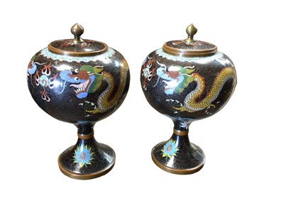 Lot 256 - Pair of Chinese cloisonné urns and covers, 22cm high