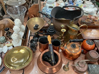 Lot 554 - Copper coal scuttle, kitchen scales and other copper and brass ware.