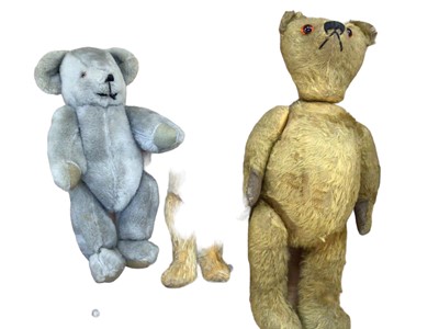 Lot 1875 - Teddy bear with golden mohair plush, narrow snout, clear glass eyes, cotton pads, wood wool stuffing and vertically stitched nose, larger bear gold mohair, amber plastic eyes, rexine pads...