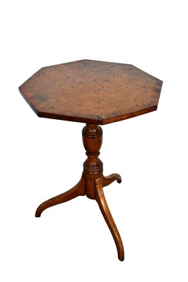 Lot 1428 - George III burr elm and crossbanded occasional table, with octagonal tilt-top on vase shaped column and swept tripod supports, 49cm wide