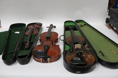 Lot 2202 - Three violins, including two in cases