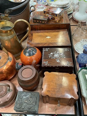 Lot 555 - 19th century mother of pearl inlaid box, together with mahogany and parquetry work box and other boxes.