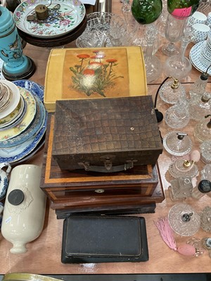 Lot 557 - Lovell's faux crocodile biscuit tin, together with a group of treen boxes and cutlery sets.