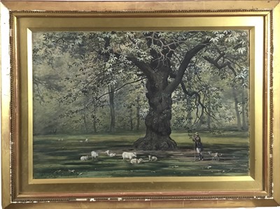 Lot 363 - Conway Lloyd Jones pair of Victorian watercolours - Shepherd and Flock and Woodland Landscape, signed and dated 1880 and 1881, 35cm x 51cm, in glazed gilt frames