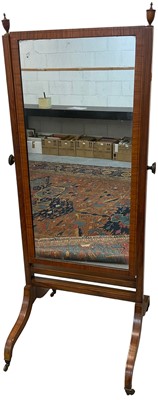 Lot 1436 - Good Regency satinwood and line inlaid cheval mirror, with hinged rectangular plate in square section frame with urn finials on splayed legs and castors, 66cm wide x 163cm high