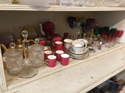 Lot 259 - Collection of glass and china, including a Wedgwood pink ground coffee set, flash cut hock glasses, coloured glasware, etc