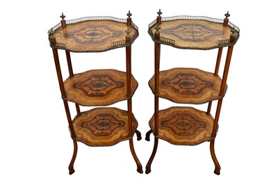 Lot 1457 - Pair of late 19th / early 20th century French parquetry inlaid three tier what-nots