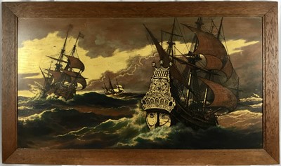 Lot 354 - Arthur Twidle (1865-1936) Arts & Crafts oil on teak panel - '17th Century Ships', signed and titled verso, 61cm x 112cm, in oak frame