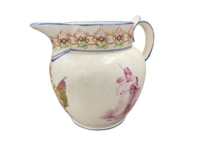 Lot 757 - Military interest- Georgian pearlware pottery jug with hand painted panel depicting military trophies and named 'R. H. Billings, music master, 55 regt.", 16cm in height.
