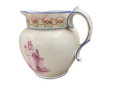 Lot 757 - Military interest- Georgian pearlware pottery jug with hand painted panel depicting military trophies and named 'R. H. Billings, music master, 55 regt.", 16cm in height.