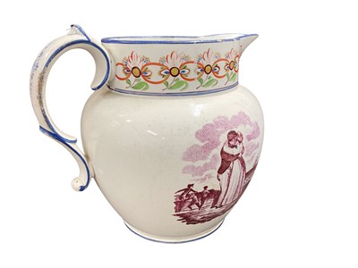 Lot 757 - Military interest- Georgian pearlware pottery jug with hand painted panel depicting military trophies and named 'R. H. Billings, music master, 55 regt.", 16cm in height.