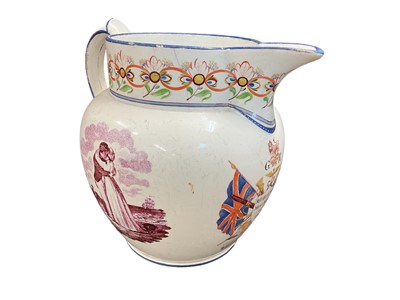 Lot 757 - Military interest- Georgian pearlware pottery jug with hand painted panel depicting military trophies and named 'R. H. Billings, music master, 55 regt.", 16cm in height.