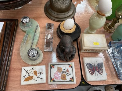 Lot 570 - Trio of Pietra Dura panels, together with an Art Deco inkstand and other items.