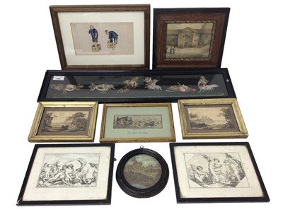 Lot 944 - Group of antique pictures to include a feather picture of cockfighting, pair of Georgian watercolours dated 1826, 19th three-dimensional picture of Windsor Castle