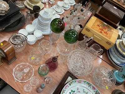 Lot 573 - 19th century Cranberry glass fly catcher, glass fishing floats and group of other glass.