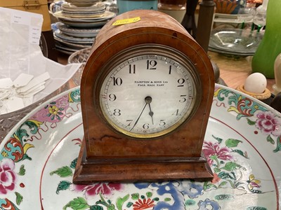 Lot 576 - Edwardian bedroom clock in burr walnut veneered case.