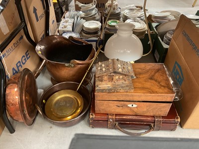 Lot 579 - Victorian burr walnut veneered writing slope, copper coal scuttle, hanging oil lamp and sundry items.