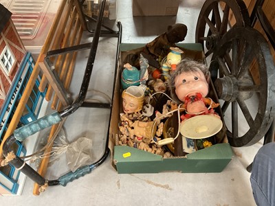 Lot 585 - Pair of wooden wheels, a sledge, ornaments and sundries.