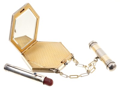 Lot 688 - Art Deco French Cartier-style silver and gold compact and lipstick, with sapphire buttons, signed Maquet