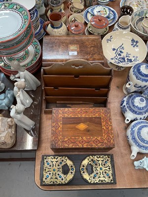 Lot 586 - Victorian burr walnut writing slope, together with a Parquetry work box, book slide and letter rack.