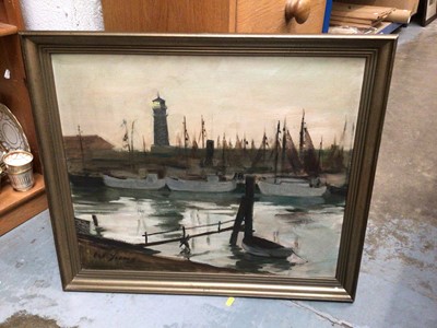 Lot 357 - Oil on board of a harbour with a lighthouse in the background, signed W. Jung, 59cm x 49cm