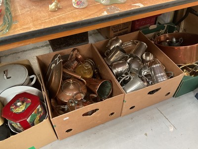 Lot 595 - Four boxes of pewter, copper and enamelled and other metal wares.