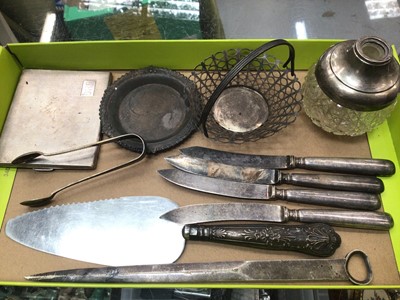 Lot 1136 - Group of silver to include cigarette case, pin dish, small basket, pair of sugar tongs, meat skewer, silver topped glass bottle and some silver handled flatware