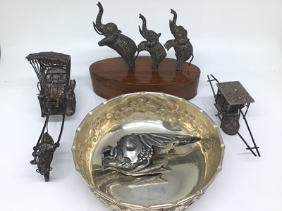 Lot 1137 - Chinese white metal sedan chair, white metal filigree horse and carriage, similar type white metal elephants ornament, silver plated dragon's head and a white metal bowl